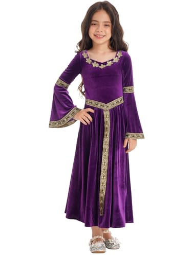 Eandarui Mittelalterliches Kleid Mit Trompetenärmeln Kinder Mädchen Viktorianisch Königin Kostüm Festliches Aldes Kleid Samtkleid Lang Prinzessin Violett 122-128 von Eandarui