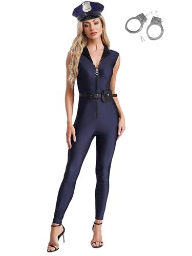 Eandarui Polizistin Kostüm Damen Body Ganzkörper Overall Ärmellos Jumpsuit Cop Uniform Komplett Set Für Fasching Karneval Mottoparty Navy blau 3XL von Eandarui