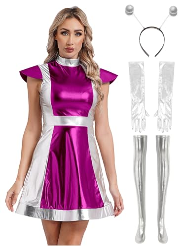 Eandarui Space Girl Kostüm Damen Metallic Glitzer Alien Kleid Stehkragen Partykleid Mit Alien Stirnband Handschuhe Strümpfe Raumfahrt Anzug Fasching Hot Pink M von Eandarui