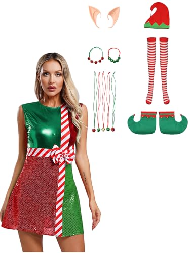 Eandarui Weihnachten Kleid Damen Festlich Metallic Partykleid Weihnachtshut Elfenohren Strümpfe Schuhe Armband 5 Glöckchenketten Zuckerstangen Kostüm Grün 3XL von Eandarui