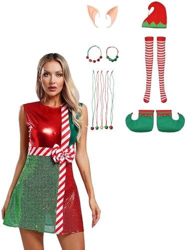 Eandarui Weihnachten Kleid Damen Festlich Metallic Partykleid Weihnachtshut Elfenohren Strümpfe Schuhe Armband 5 Glöckchenketten Zuckerstangen Kostüm Rot 3XL von Eandarui