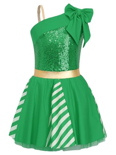 Eandarui Weihnachtskostüm Kinder Mädchen Elfenkleid Pailletten Glitzer Tanzkleid Ein Schulter Schleife Partykleid Festlich Zuckertange Kostüm Grün 110-116 von Eandarui