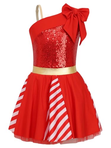 Eandarui Weihnachtskostüm Kinder Mädchen Elfenkleid Pailletten Glitzer Tanzkleid Ein Schulter Schleife Partykleid Festlich Zuckertange Kostüm Rot 146-152 von Eandarui