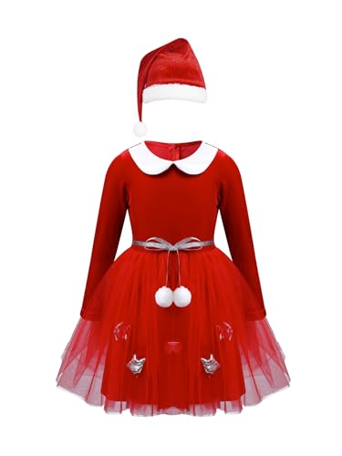 Eandarui Weihnachtskostüm Kinder Mädchen Samtkleid Langarm Puppenkragen Ballkleid Tutu Mit Fellbesatz Weihnachtsmütze Weihnachtsoutfit Rot 146-152 von Eandarui