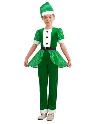 Eandarui Weihnachtskostüm Kinder Mädchen Weihnachtswichtel Outfit Puffärmel Overall Pailletten Jumpsuit Mit Fellbesatz Samt Hut Weihnachtsfeier Outfit Grün 122-128 von Eandarui