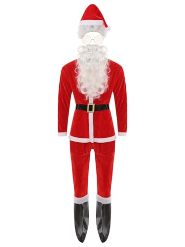 Eandarui Weihnachtsmann Kostüm Santa Claus Nikolauskostüm Weihnachten Samt Anzug Mit Nikolausmütze Perücke Bart Gürtel Brille Handschuhe Schuhe Set Rot 3XL von Eandarui