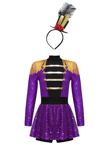 Eandarui Zirkus Artisten Kostüm Kinder Mädchen Dompteurin Kleid Pailletten Glitzer Overall Fransen Quasten Jumpsuit Mit Hut Für Fasching Karneval Violett 110-116 von Eandarui