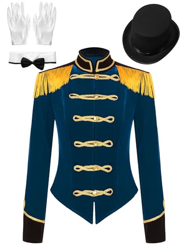 Eandarui Zirkus Direktor Jacke Damen Langarm Blazer Jacke Kurz Samt Mantel Fransen Quasten Garde Uniform Mit Schleife Handschuhe Hut Faschingkostüm Dunkelblau 3XL von Eandarui