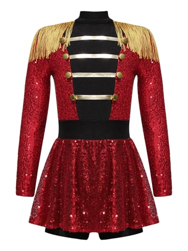 Eandarui Zirkus Direktor Kostüm Kinder Mädchen Ringmaster Uniform Pailletten Overall Langarm Quasten Jumpsuit Kurz Tanzanzug Für Fasching Karneval Rot 110-116 von Eandarui