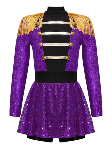 Eandarui Zirkus Direktor Kostüm Kinder Mädchen Ringmaster Uniform Pailletten Overall Langarm Quasten Jumpsuit Kurz Tanzanzug Für Fasching Karneval Violett 134-140 von Eandarui