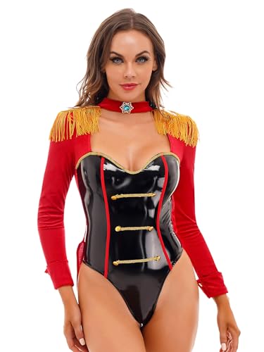 Eandarui Zirkusdirektor Kostüm Damen Leder Bodysuit Langarm Frack Jacke Fransen Quasten Trikotanzug Marching Band Uniform Rot XXL von Eandarui