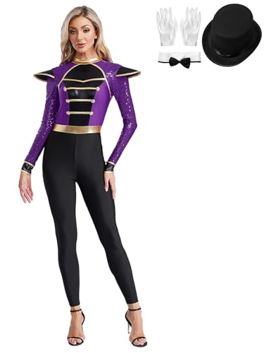 Eandarui Zrikusdirektor Kostüm Damen Glitzer Pailletten Jumpsuit Mit Mütze Handschuhe Und Schleife Komplett Set Für Fasching Karneval Mottoparty Violett 3XL von Eandarui