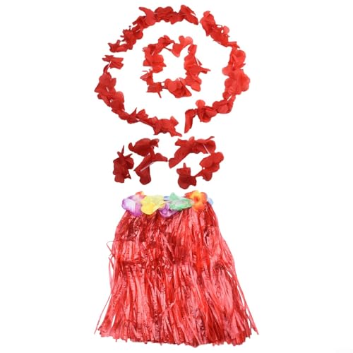 EasyByMall Lively Hawaii-Dress Up Ensemble für Kinder mit einem bunten Gras-Lei-Rock (rot) von EasyByMall