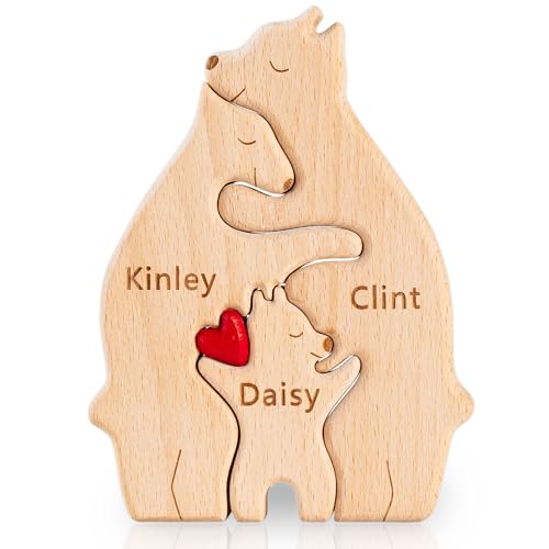 Easycosy personalisiertes Holzkpuzzle der Bärenfamilie mit 2-7 Namen| liebevolle Familien Weihnachten Geschenke für Kinder Mama mädchen | Holz Bär Skulpturen als Desktop Ornament, Tischdekoration von Easycosy