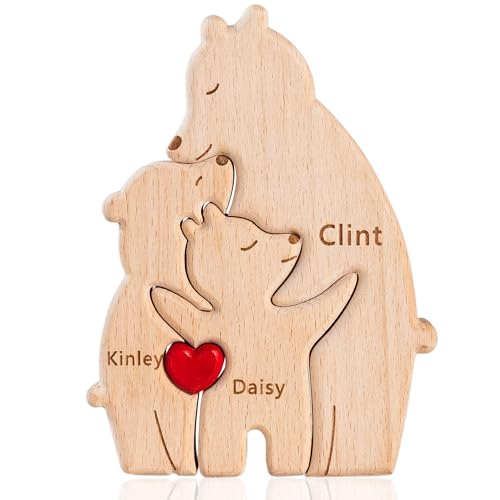 Easycosy personalisiertes Holzkpuzzle der Bärenfamilie mit 2-7 Namen| liebevolle Familien Kinder Mama Mädchen | Holz Bär Skulpturen als Desktop Ornament, Tischdekoration von Easycosy