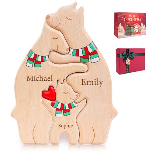 Easycosy personalisiertes Holzkpuzzle der Bärenfamilie mit 2-7 Namen| liebevolle Familien Weihnachten Geschenke für Kinder Mama mädchen | Holz Bär Skulpturen als Desktop Ornament, Tischdekoration von Easycosy