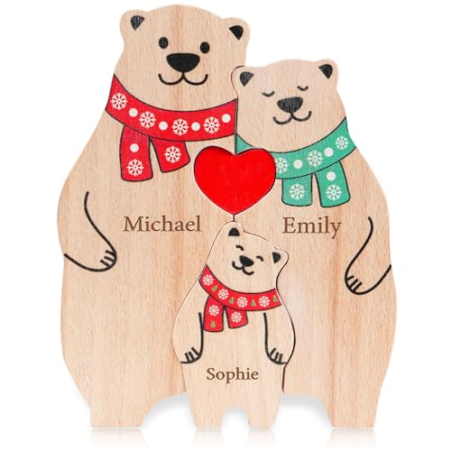 Easycosy personalisiertes Holzkpuzzle der Bärenfamilie mit 2-7 Namen| liebevolle Familien Weihnachten Geschenke für Kinder Mama mädchen | Holz Bär Skulpturen als Desktop Ornament, Tischdekoration von Easycosy