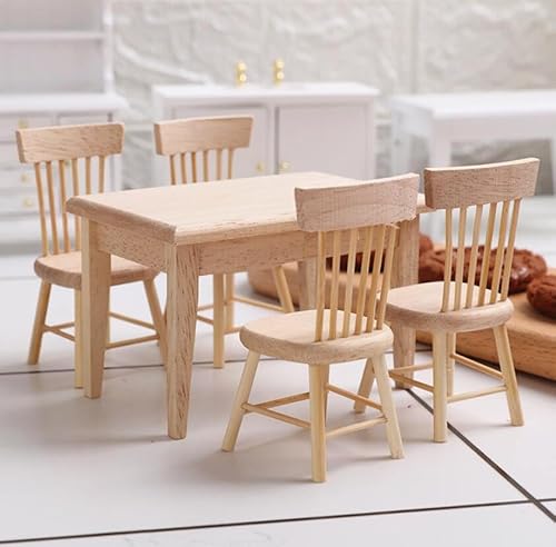 EatingBiting Dekoration Puppenhaus Zubehör Möbel 1:12 Puppenhaus Miniaturmöbel Holz inklusive 4 Stuhl und 1 Esstisch Zubehör von Esszimmer von EatingBiting