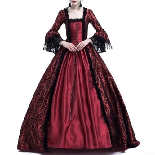 Eawfgtuw Damen Mittelalterliches Renaissance-Ballkleid, Retro-Spitzennähte, Hofkleid, Gothic, Cosplay, Party, Kostüm, lange Ärmel, quadratischer Kragen, elegant, formelles Kleid (L Rotwein) von Eawfgtuw