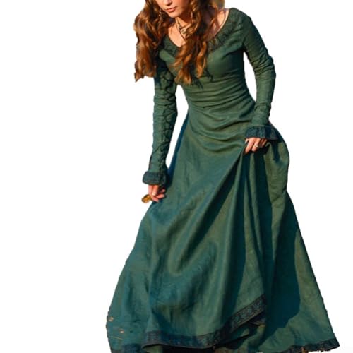 Eawfgtuw Gothic Style Damen Fee Elf Kleid Renaissance Mittelalter Robe mit Blumenstickerei Perfekt für Cosplay Kostümpartys aus weichem Polyester (XL Grün) von Eawfgtuw