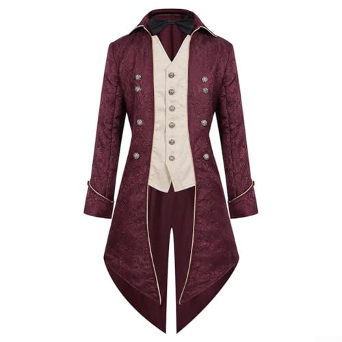 Eawfgtuw Herren Renaissance Steampunk Frack Viktorianischen Retro Cosplay Kostüm Karneval Party Mittelalter Smoking Jacke Langarm Overcoat (2XL Rot) von Eawfgtuw