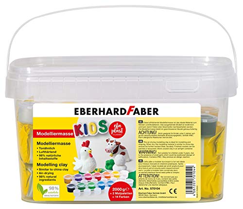 Eberhard Faber 570104 - Modelliermasse lufttrocknend weiß, 2 kg EFA Plast Kids, 14 Farben und 2 Malpaletten von Eberhard Faber