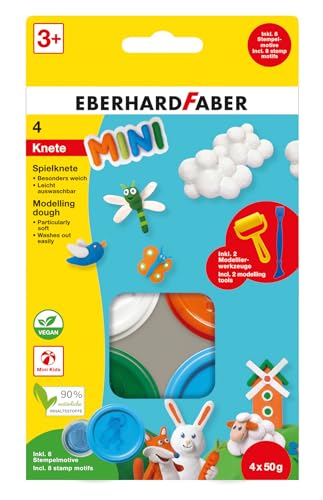 Eberhard Faber 572516 - Spielknete mini, 4 x 50 g Modelliermasse in Weiß, Orange, Grün und Blau, inkl. Modellierwerkzeugen und Stempelmotiven, besonders weich und leicht auswaschbar von Eberhard Faber