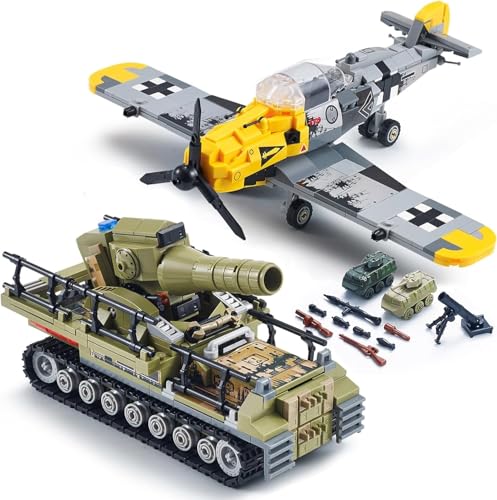 Ebortsin Technik Militär Spielzeug Bausteine Set, BF109 Kampfflugzeug & Karl Selbstfahrender Mörser Panzer Bausteine, Militär Geschenke für Militärbegeisterte und Jungen, 1015+ Teile von Ebortsin