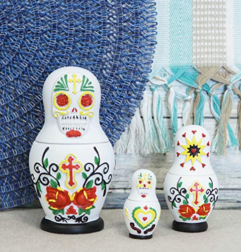 Ebros 3-teiliges Set Tag der Toten Zuckerschädel Geist Skelette Nistpuppen Matroyshka Babuschka Figuren 15,2 cm hoch Beinhaus makabre Halloween-Akzent (weiß) von Ebros Gift