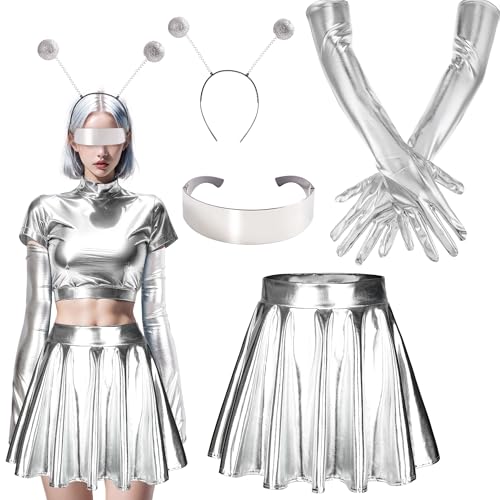 Echehi Alien Kostüm Damen Set 4Pcs, Space Girl Kostüm Damen, Alien Glitzerrock, Alien Haarreif, Futuristisches Brille, Alien Handschuhe, Weltall Kostüm Für Fasching Karneval Party(L) von Echehi