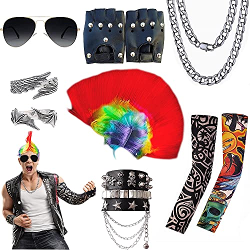 Echehi 80er 90er Jahre Outfit Für Herren 11-Tlg. Punker Kostüm Mit Irokesen Perücke, Rapper Kette, Sonnenbrille, Tattoo Ärmel, Punk-Armbänder, Handschuhe, Ringe Karnevalskostüme Set Für Männer Frauen von Echehi