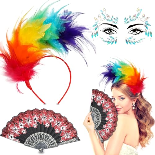 Echehi Bunt Feder Stirnband Fascinator Stirnbänder Cosplay Haarband Karneval Party Kopfschmuck Regenbogen Feder Haarreif Feder Kopfbedeckung Kostüm für Ostertag Hochzeit Party von Echehi