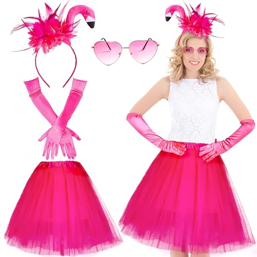 Echehi Flamingo Kostüm Damen Karneval Kostüm Damen, Flamingo Haarreif + 50cm Pinker Tüllrock Damen + Rosa Handschuhe + Herzförmige Sonnenbrille Faschingskostüme Damen Für Mottoparty Karneval Fasching von Echehi