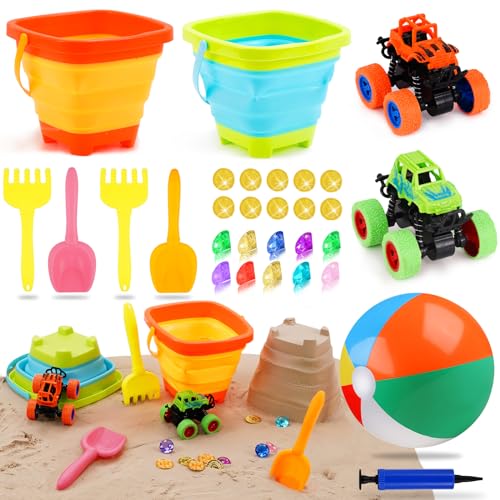 Echehi Sandspielzeug Set Für Junge Mädchen 30Stück, Sandkasten Spielzeug Strandspielzeug Mit Falteimer, 16-Zoll-Wasserball, Monster Truck, Edelsteine, Sommerspielzeug für drinnen und draußen von Echehi