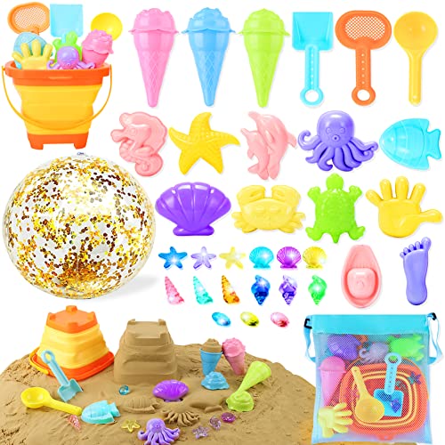 Echehi Sandspielzeug Set Für Junge Mädchen 39 Stück, Sandkasten Spielzeug Strandspielzeug Mit Falteimer, 16-Zoll Wasserball, Netzbeutel, EIS Sandförmchen, Edelsteine Outdoor Spielzeug Für Kinder 3-10 von Echehi