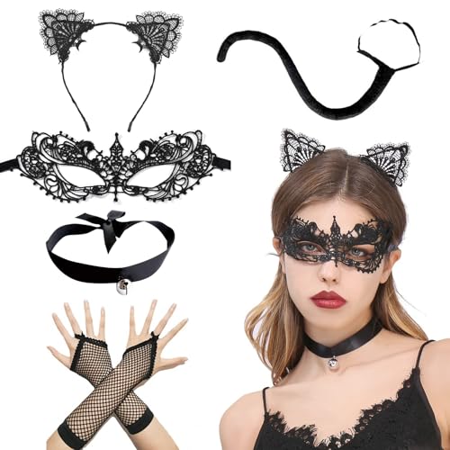 5 Stück Katzenkostüm Damen Fasching, Katzenohren Haarreif Spitze, Faschingskostüm Frauen Accessoires, Set Stirnbänder Katzen, cat woman mit katzenohren haarreif, für Cosplay, Karneval Party, Halloween von EclipseGuard