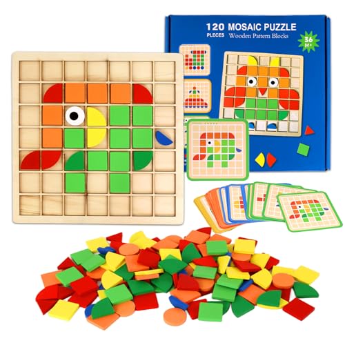 EclipseGuard Kreative Mosaik-Puzzle, Montessori Spielzeug ab 3 4 5 6 Jahre, 120PCS Tangram Kinder Puzzles Hölzerne Muster Blöcke Set mit 20 Beidseitige Karten, Pädagogisches Spielzeug Kinder von EclipseGuard