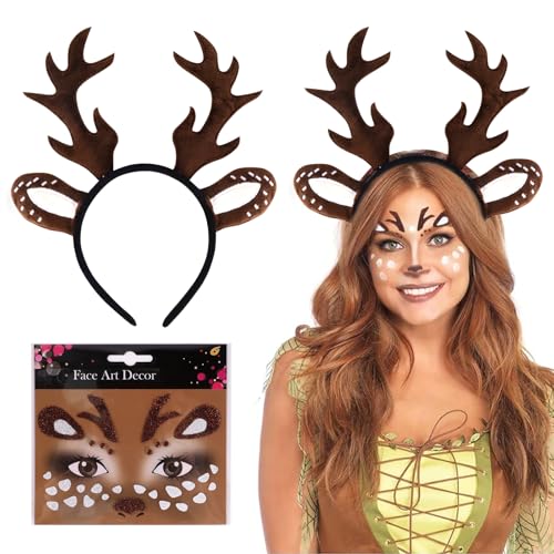 EclipseGuard Herbst Rentier Haarreif mit Ohren, Reh Kostüm Damen, Karneval Kostüm Damen Mädchen Reh kostüm Kopfschmuck Haarreifen mit Gesichtstattoo für Karneval Fasching Halloween Party Kostüm von EclipseGuard