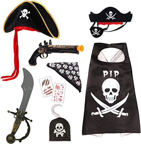 Ecloud Shop Piraten Kostüme Set - Kap Umhang Piratenhut Piraten Bandana Augenklappe Mit Filz Maske,Schwert Modell Piratengewehrhaken Cosplay Zubehör für Halloween Partyzubehör(7 Stück) von Ecloud Shop