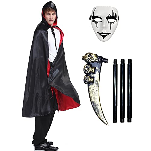 Ecloud Shop Vampir-Kapuzenumhang, schwarz-rotes Dämonen-Umhang-Kostüm für Halloween-Kostüm, Cosplay-Karnevalsparty, mit Sensenmann-Sichel – 130 cm von Ecloud Shop