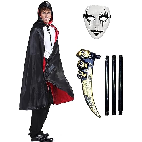 Ecloud Shop Vampir-Kapuzenumhang, schwarz-rotes Dämonen-Umhang-Kostüm für Halloween-Kostüm, Cosplay-Karnevalsparty, mit Sensenmann-Sichel – 150 cm von Ecloud Shop