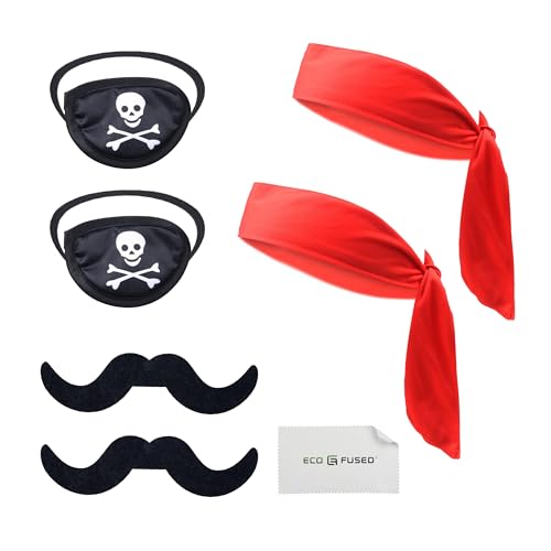 6-teiliges Piraten-Accessoires-Set - Piraten Halloween-Dekorationen - Piratenkostüm - 2x Piraten-Bandana, 2x Piraten-Augenklappe, 2x Piraten-Schnurrbärte - Piraten-Accessoires für Frauen, Cosplay von Eco-Fused