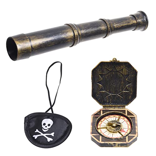 Cosplay-Teleskop und Kompass-Requisite mit Piraten-Augenklappe – Antik-Retro-Partyzubehör-Dekoration – Vintage-Schatz-Spyglass-Sonnenuhr, Schiffskapitän-Augenklappe für Themenveranstaltungen von Eco-Fused