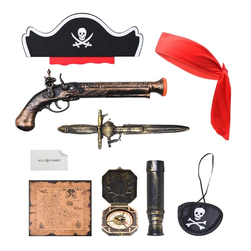 8-teiliges Piraten-Accessoires-Set - Cosplay-Piraten-Halloween-Dekorationen - Piratenkostüm-Teleskop, Kompass, Piraten-Augenklappe, Plastik-Piratenpistole, Plastik-Piratenschwert, Piratenhut von Eco-Fused