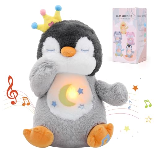 Edencomer Schlummer Kuscheltier - Schlummer Pinguin mit Simuliertem Atem, Musik und Nachtlicht, Kuscheltier mit Atembewegung Begleiten Sie Kinder Zum Schlafen (Grau) von Edencomer