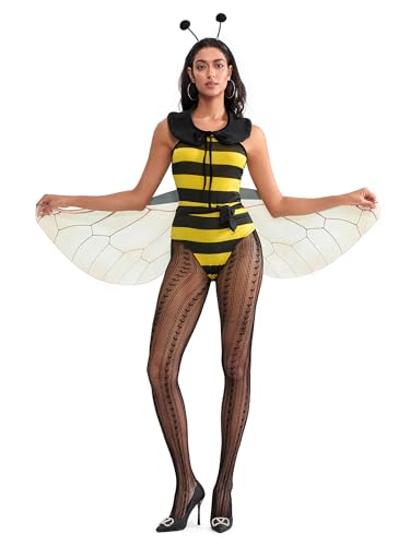 Edhomenn Bienenkostüme für Erwachsene und Damen, Halloween, ärmellos, Minikleid mit Flügel, E-Gelb, Größe XXL von Edhomenn