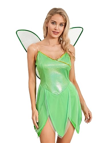 Edhomenn Damen Halloween Cosplay Waldgrüne Fee Verkleidung Pailletten Kurzes Kleid mit Flügeln (A-Hellgrün, M) von Edhomenn