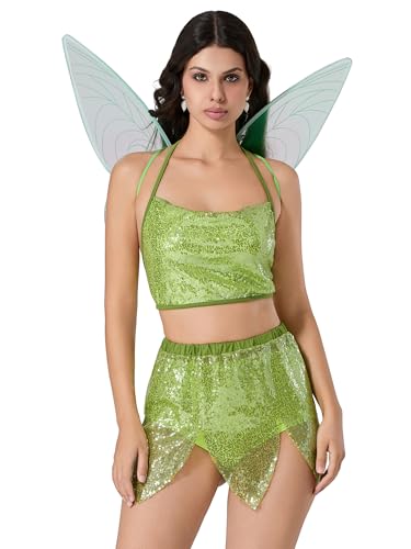 Edhomenn Damen Halloween Cosplay Waldgrüne Fee Verkleidung Pailletten Kurzes Kleid mit Flügeln (B-Hellgrün, L) von Edhomenn