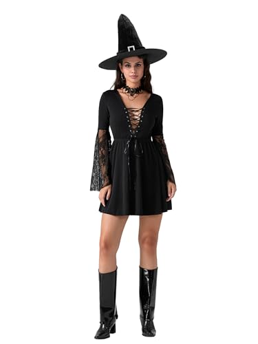 Edhomenn Damen Halloween Hexe Cosplay Kostüm Spitze Flare Langarm Krawatte Front Kurzes Kleid mit Hut (Schwarz, L) von Edhomenn