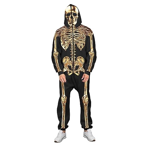 Edhomenn Damen Halloween Skelett Kostüme Totenkopf Druck Kapuze Langarm Overall Maskerade Party Cosplay Outfits Verkleidung (02 Gold, L) von Edhomenn